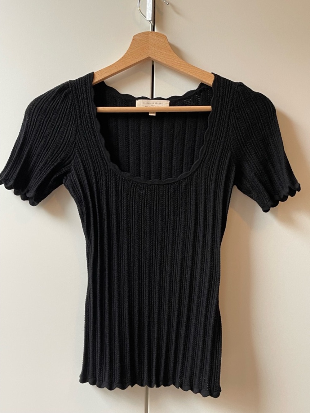 Sezane Anil Jumper Knit Square Scoop Neck Short Sleeve Top Blouse XS Black